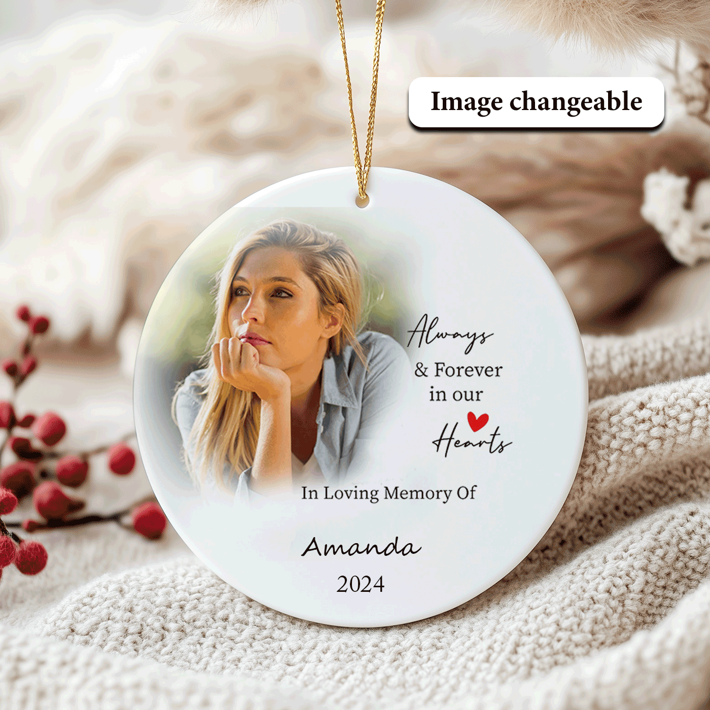 Personalized Christmas Memorial | "Always Samp; Forever in Our Hearts" | Ceramic Ornament